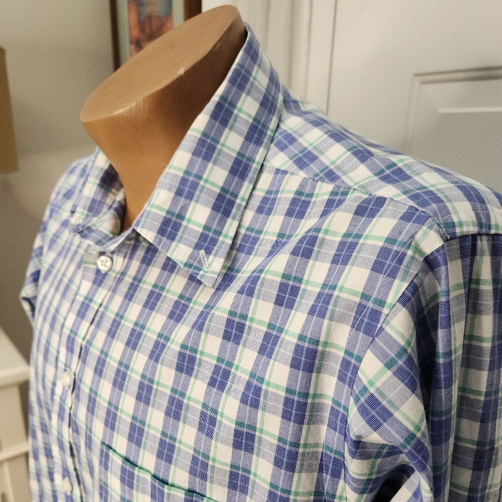 IZOD Long Sleeve Quick Dry Regular Fit Purple Green White Plaid Size 17.5